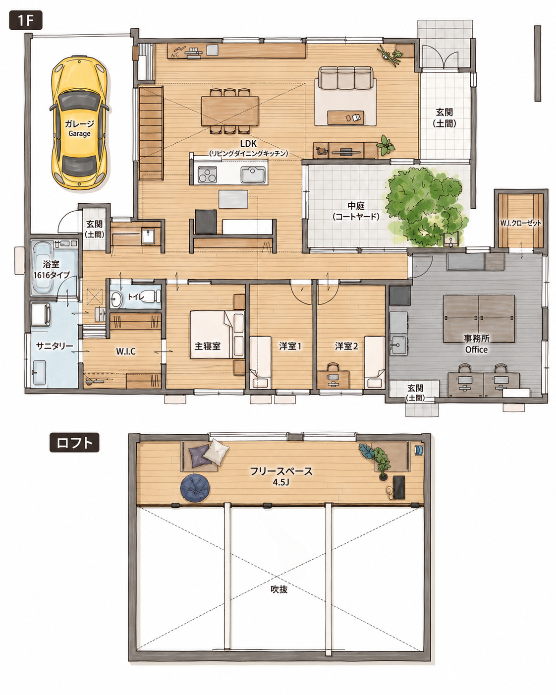 1階部とロフトを含む間取り図